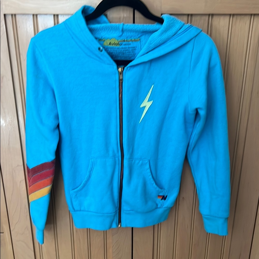 Aviator Nation Kids Blue Hoodie with Lightning Bolt and Rainbow Sleeve